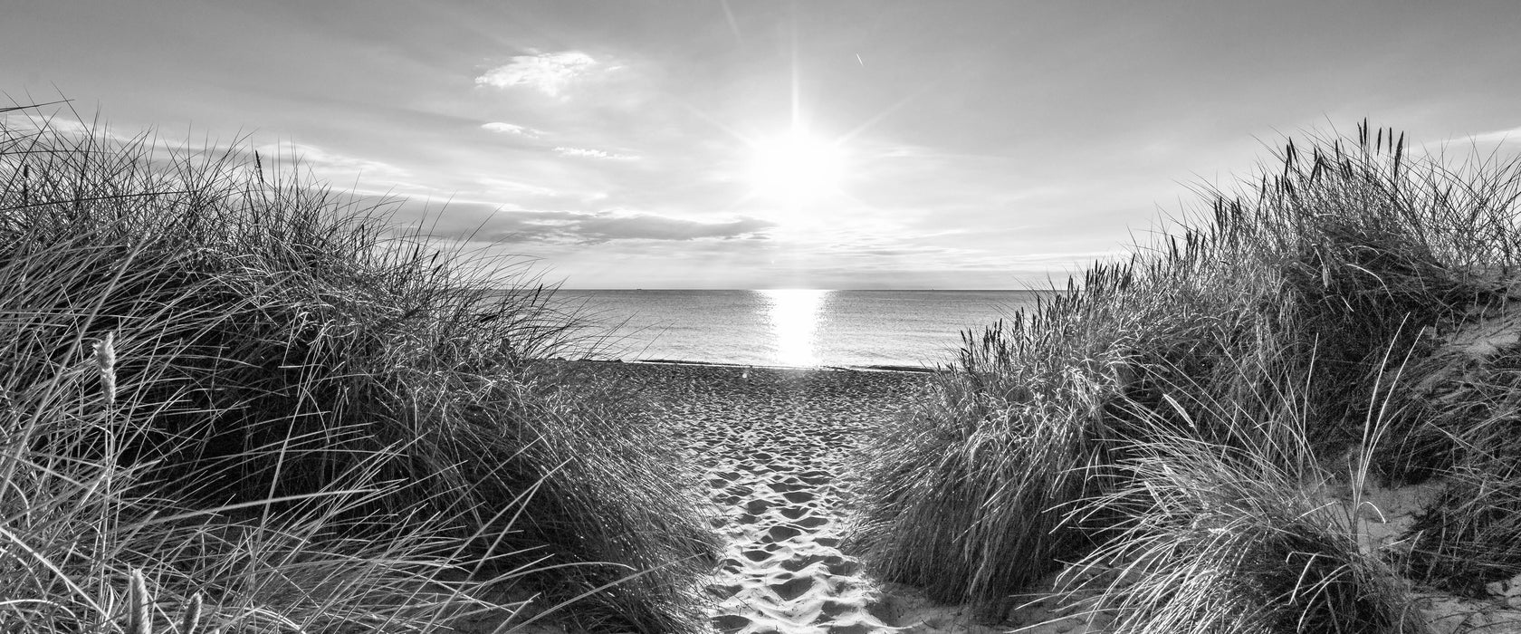 der Weg ins Meer Kunst B&W, Glasbild Panorama