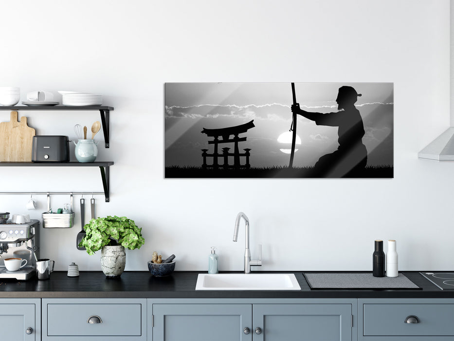 Samurai-Meister vor Horizont, Glasbild Panorama