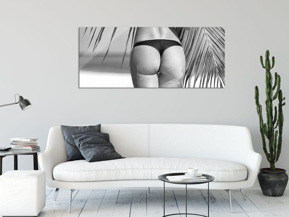 Sexy Frau am Strand Kunst B&W, Glasbild Panorama