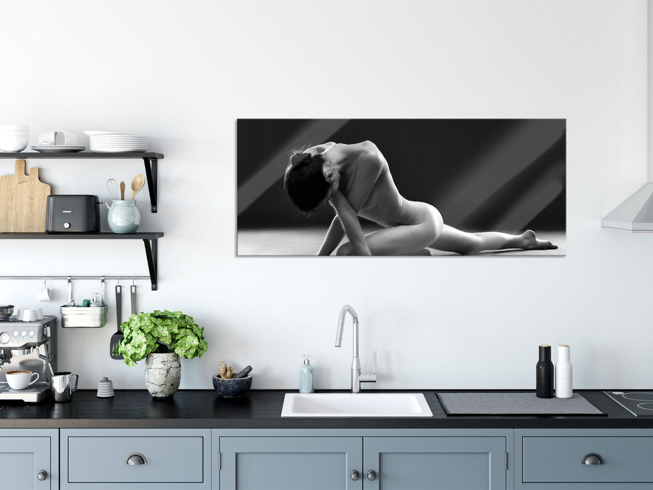sexy Frau macht Yoga, Glasbild Panorama