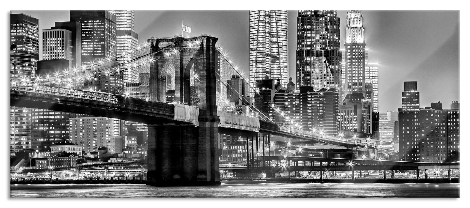 Pixxprint New York City, Skyline bei Nacht, Glasbild Panorama