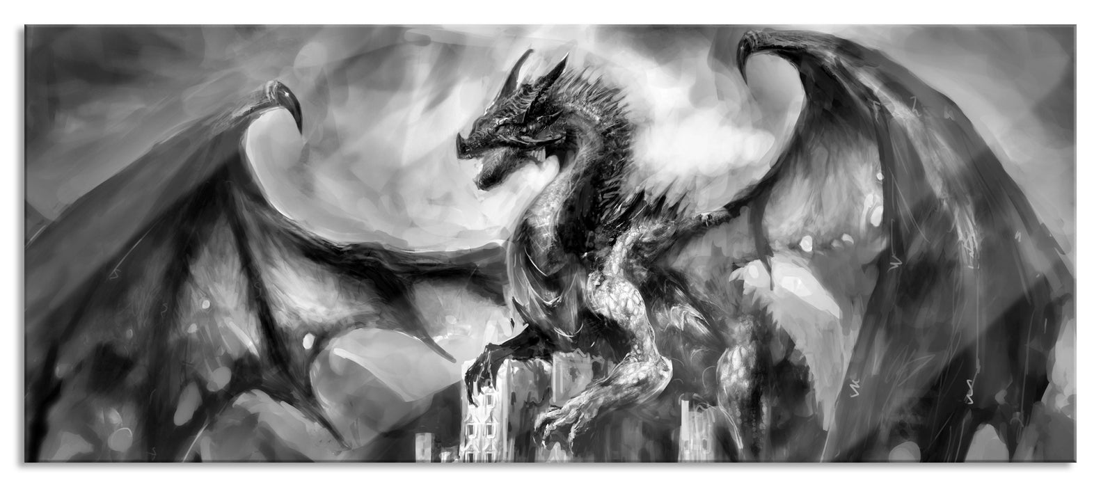 Pixxprint Drache schützend über Burg, Glasbild Panorama