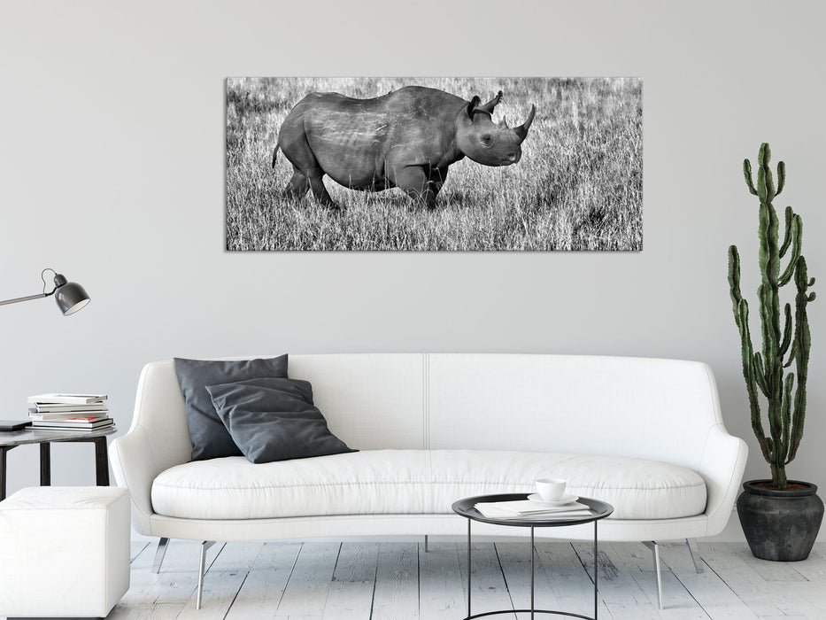 großes Nashorn mit Zebrahorde, Glasbild Panorama