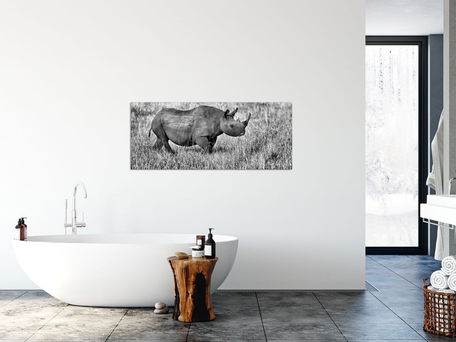 großes Nashorn mit Zebrahorde, Glasbild Panorama