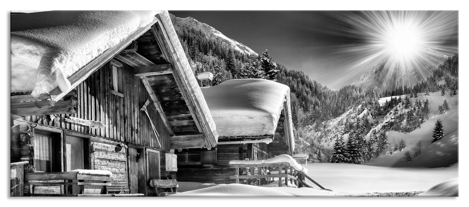 Verschneite Alpenhütte, Glasbild Panorama