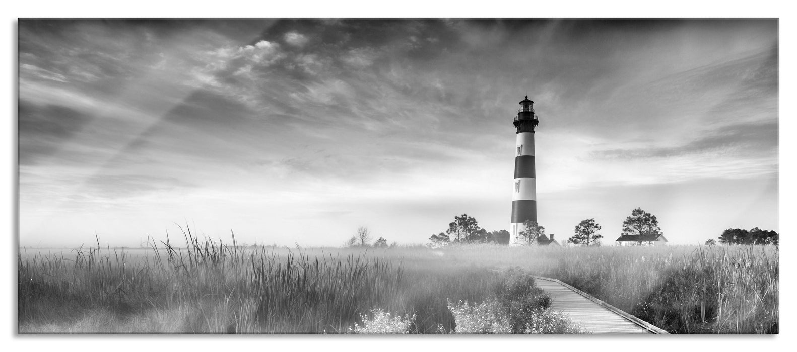 Pixxprint Leuchtturm im Nebel, Glasbild Panorama