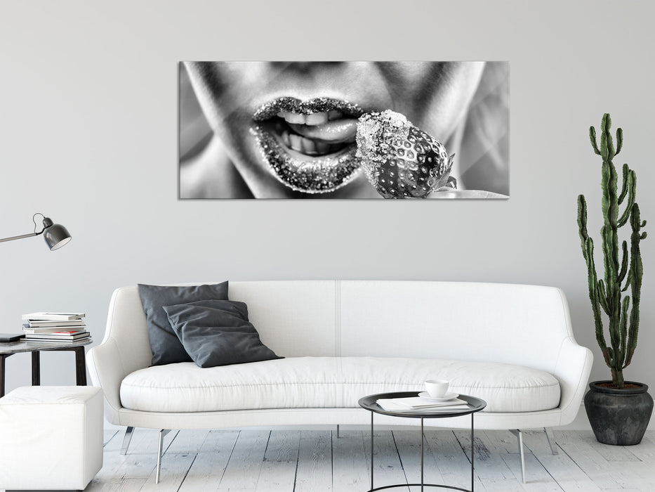 Erdbeere Zucker Lippen, Glasbild Panorama