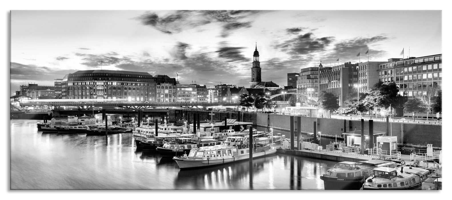 Pixxprint Hamburger Hafen am Abend, Glasbild Panorama