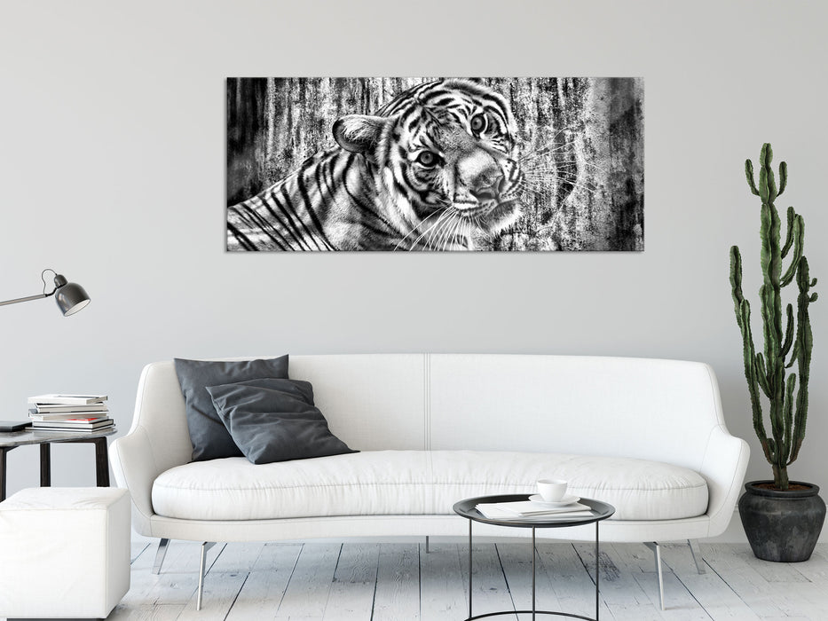 Neugieriger Tiger, Glasbild Panorama