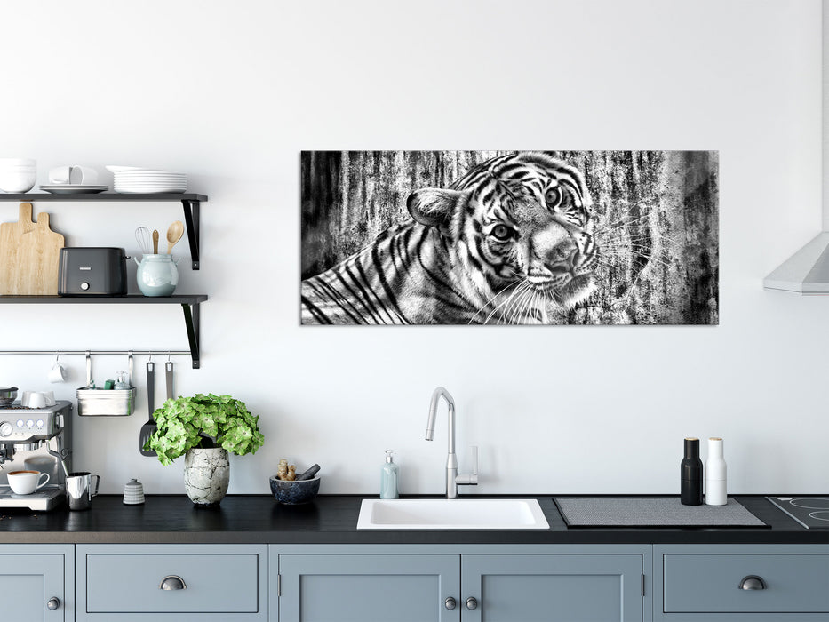 Neugieriger Tiger, Glasbild Panorama