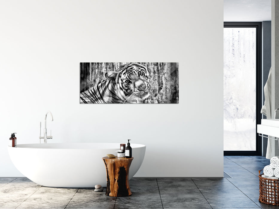 Neugieriger Tiger, Glasbild Panorama