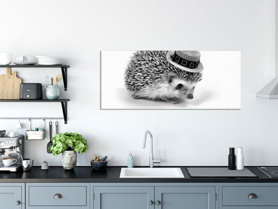 Lustiger Igel mit Hut, Glasbild Panorama