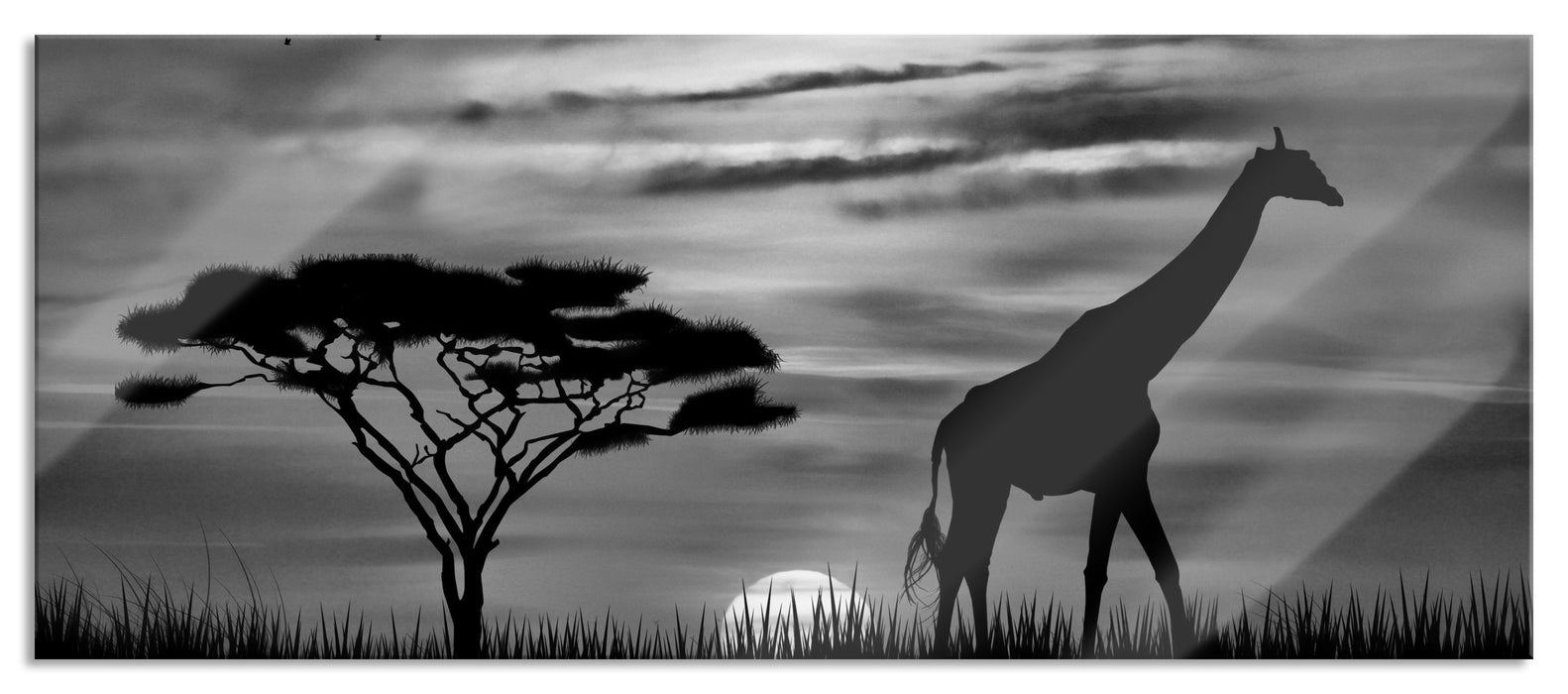 Pixxprint Giraffe im Sonnenuntergang, Glasbild Panorama