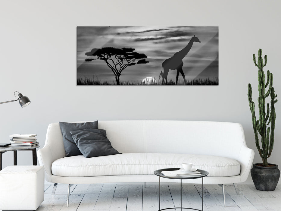 Giraffe im Sonnenuntergang, Glasbild Panorama