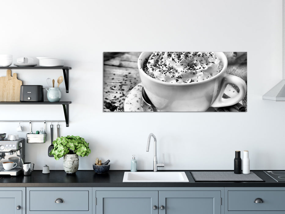 Kaffee mit viel Creme, Glasbild Panorama