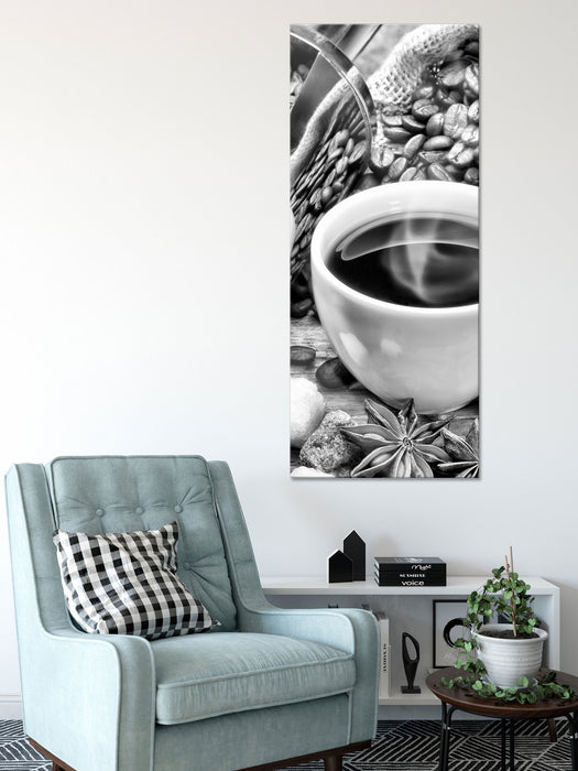 Edler Kaffee und Kaffeebohnen, Glasbild Panorama