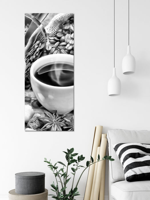 Edler Kaffee und Kaffeebohnen, Glasbild Panorama