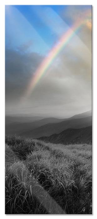 Pixxprint Berge mit Regenbogen am Himmel, Glasbild Panorama