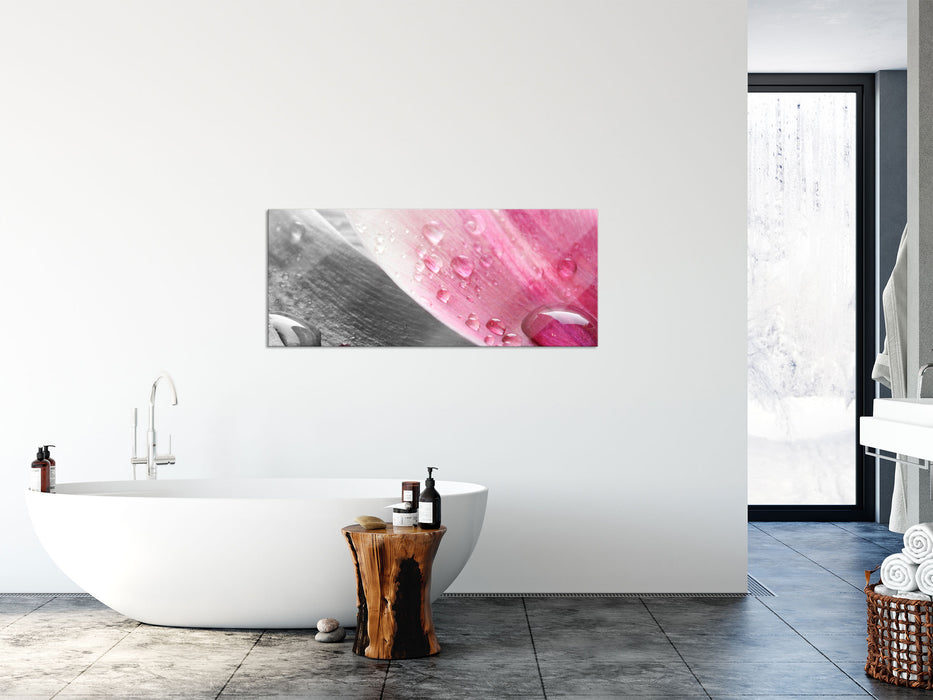 Tulpenblätter mit Wassertropfen, Glasbild Panorama