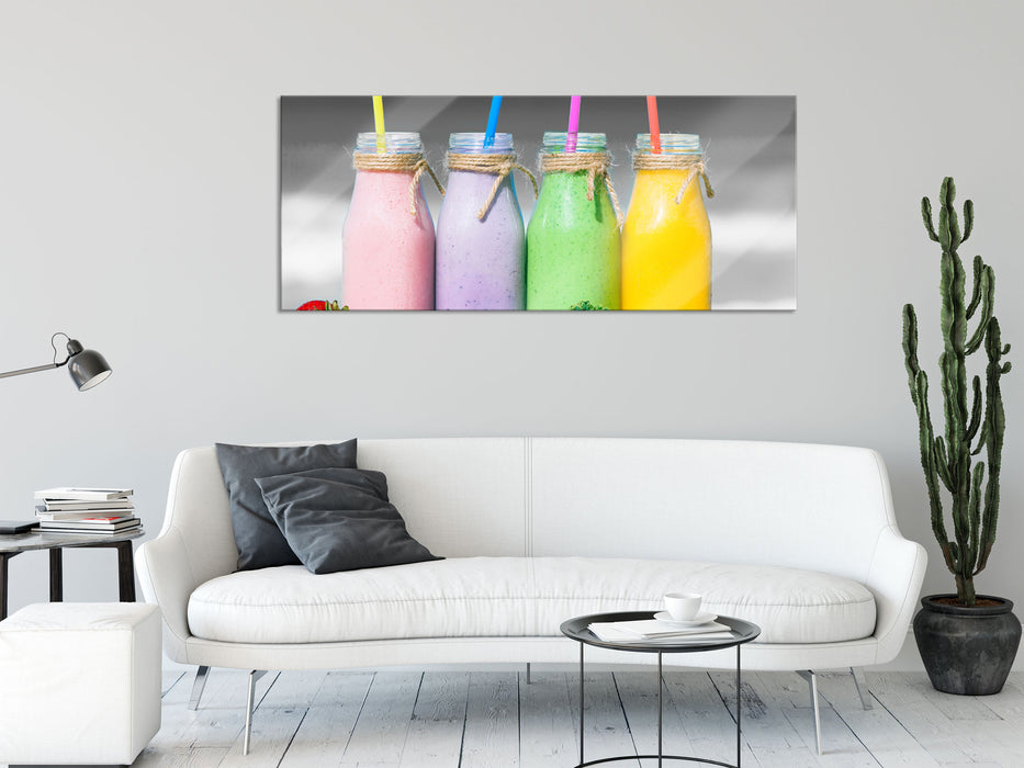 Smoothies in verschiedenen Farben, Glasbild Panorama