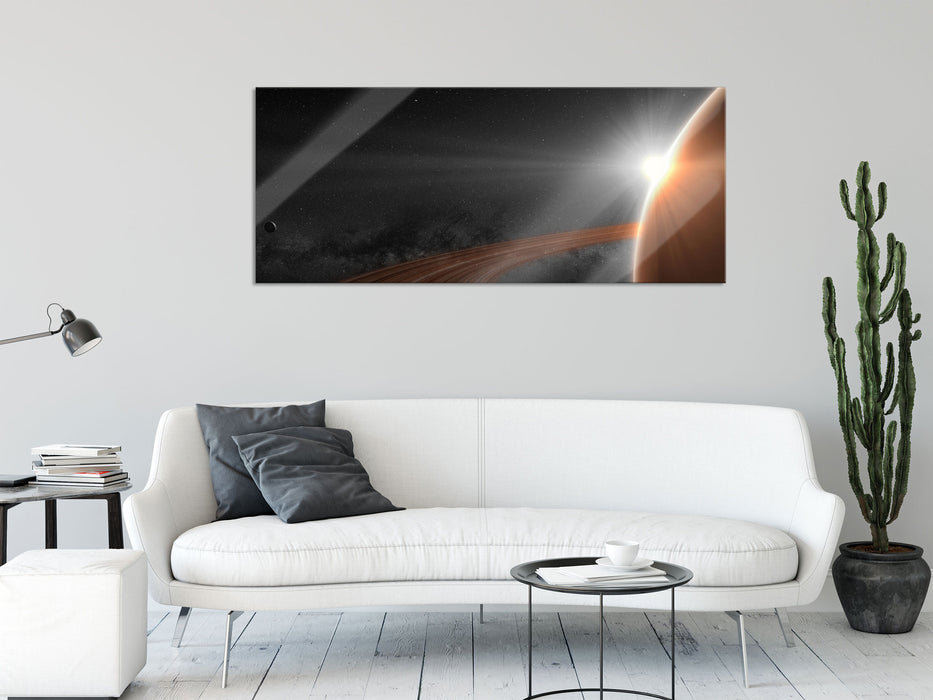 Planet Saturn im Weltall, Glasbild Panorama