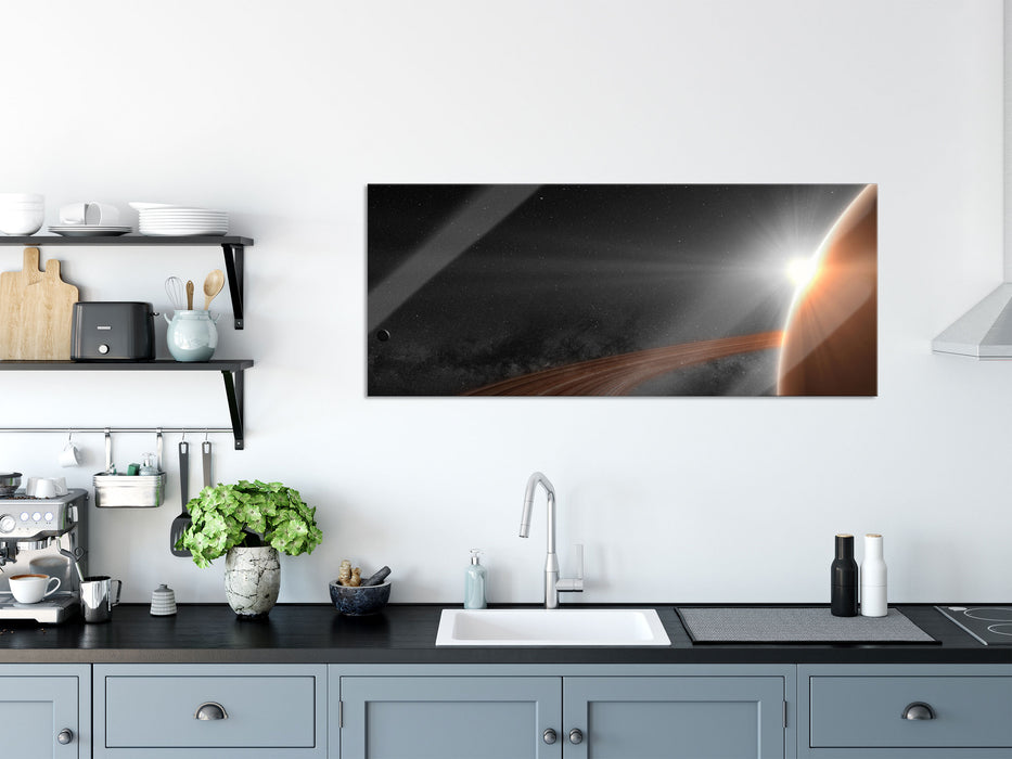 Planet Saturn im Weltall, Glasbild Panorama