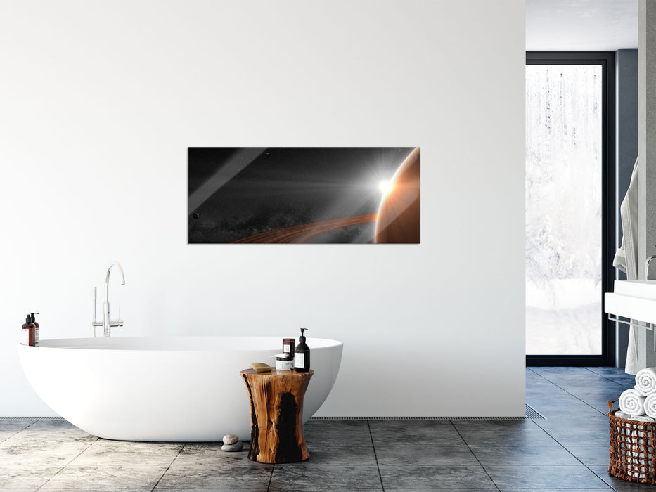 Planet Saturn im Weltall, Glasbild Panorama