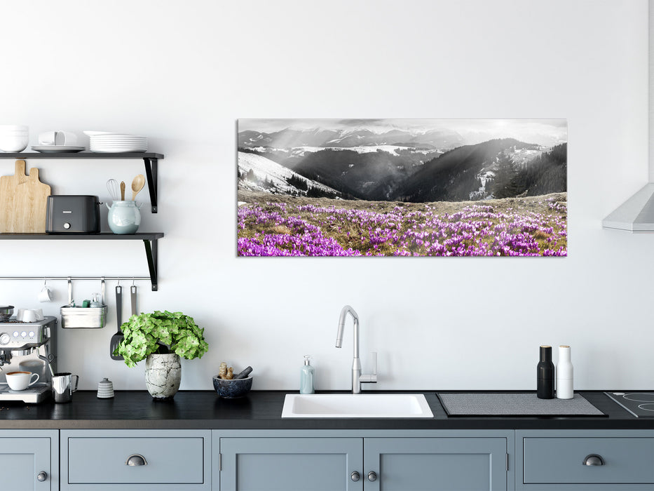 Berglandschaft Regenbogen, Glasbild Panorama