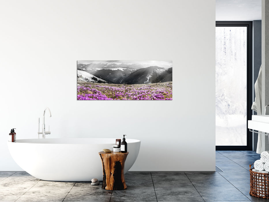 Berglandschaft Regenbogen, Glasbild Panorama