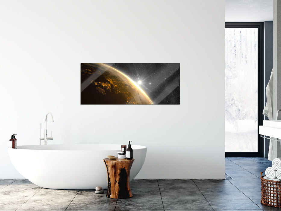 Die Sonne und Erde im Weltall, Glasbild Panorama