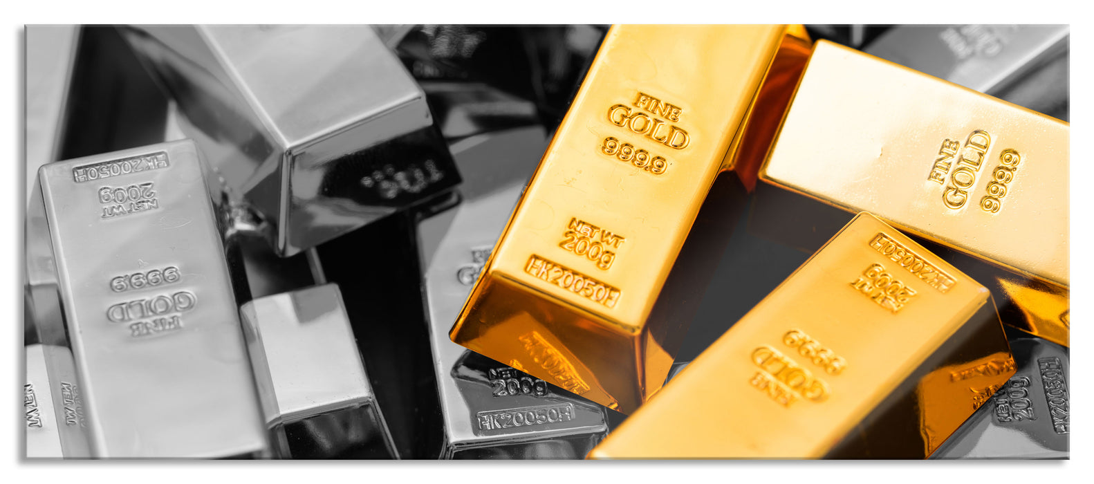 Pixxprint Menge an Goldbarren, Glasbild Panorama