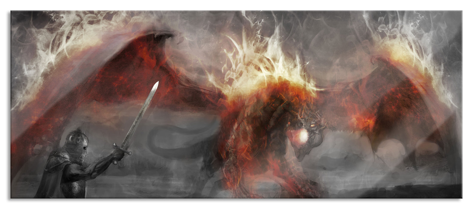 Pixxprint Ritter Drachen, Glasbild Panorama