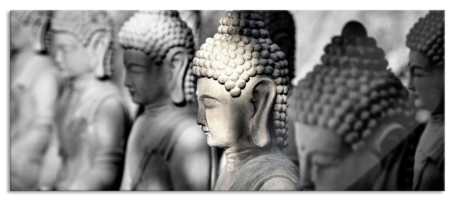 Pixxprint Buddha-Statuen in einer Reihe, Glasbild Panorama