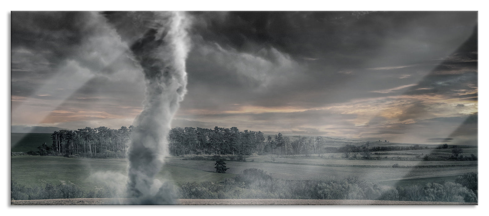 Pixxprint Schwarzer Tornado auf dem Feld, Glasbild Panorama