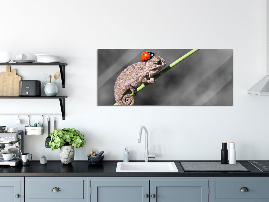 Süßer Gecko mit einem Marienkäfer, Glasbild Panorama