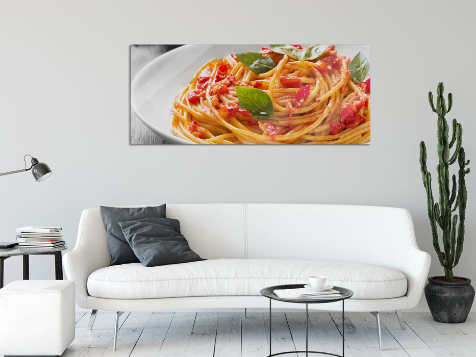 Rustikale italienische Spaghetti, Glasbild Panorama
