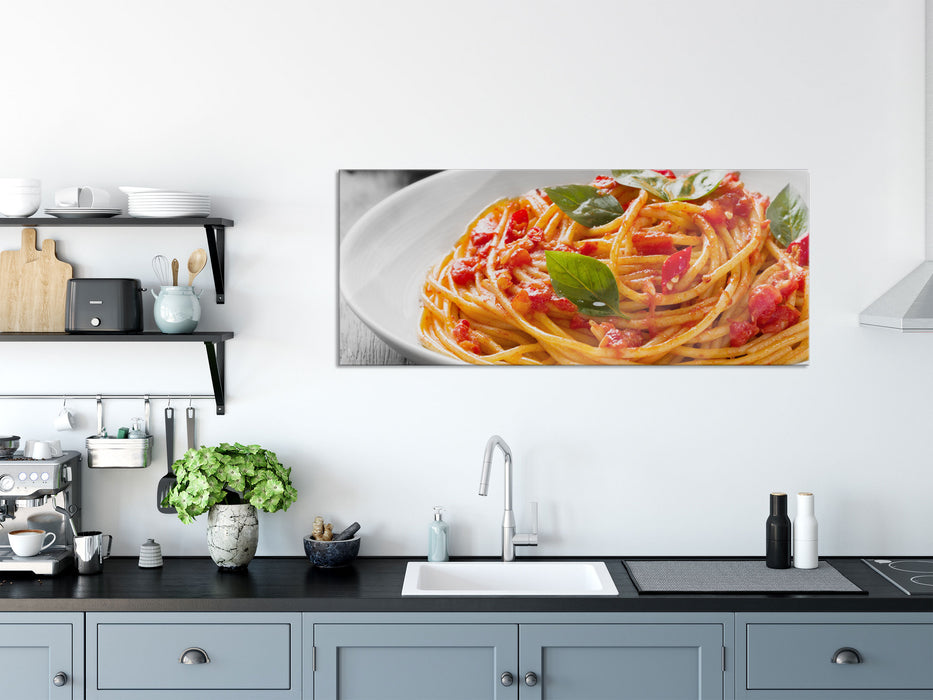 Rustikale italienische Spaghetti, Glasbild Panorama