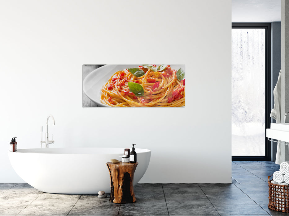 Rustikale italienische Spaghetti, Glasbild Panorama