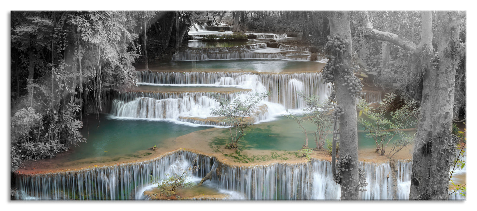 Pixxprint Wasserfall im Regenwald, Glasbild Panorama