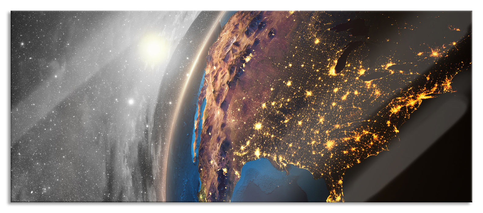 Pixxprint 3D-Rendering der Erde, Glasbild Panorama