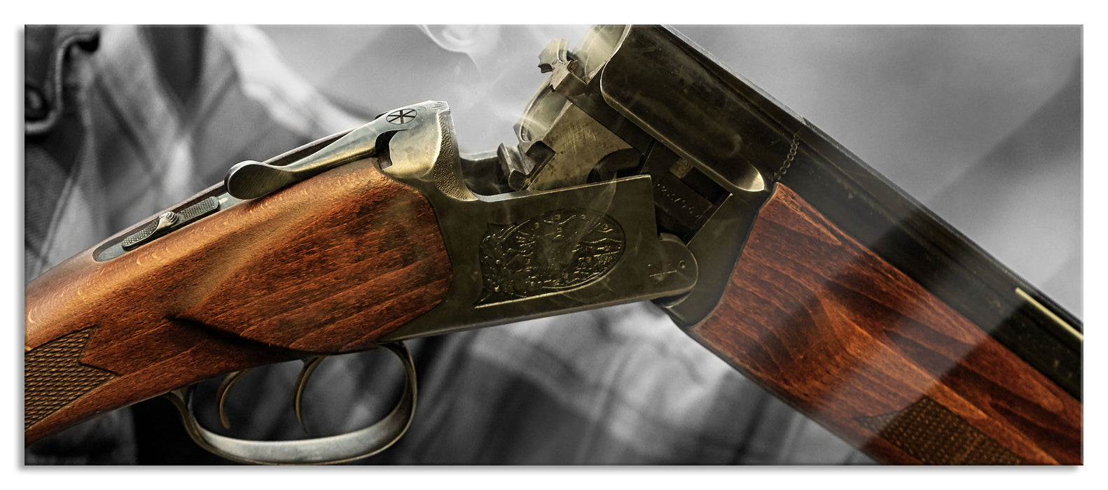 Pixxprint Jagdgewehr nach dem Brand, Glasbild Panorama