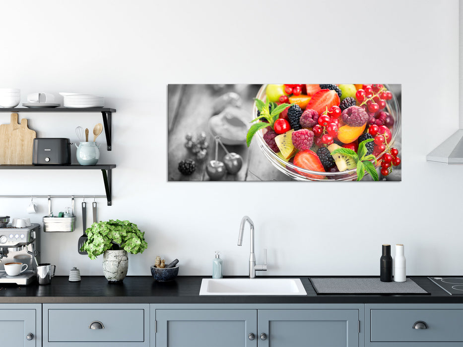 Obstsalat in der Schüssel, Glasbild Panorama