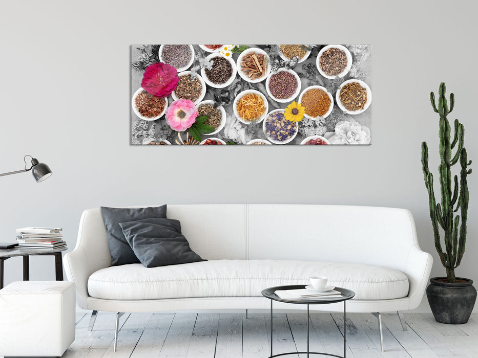 Heilende Kräuter und Blumen, Glasbild Panorama