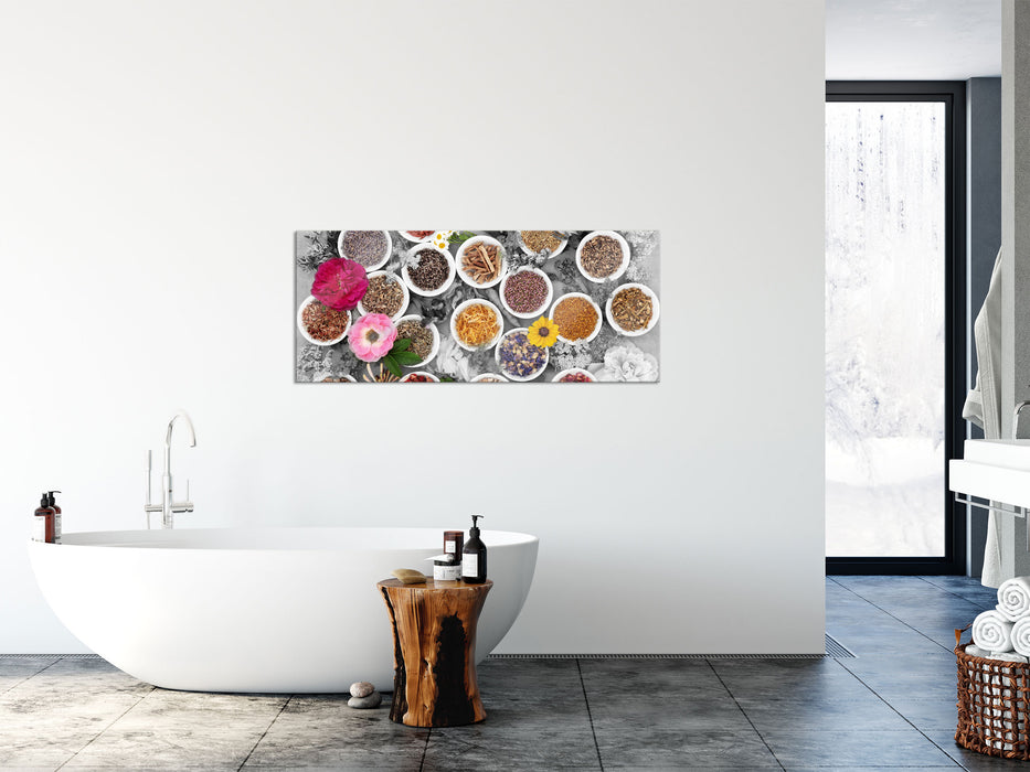 Heilende Kräuter und Blumen, Glasbild Panorama