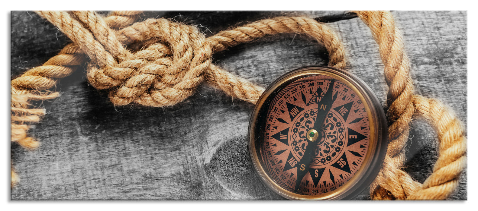 Pixxprint Schiffseil und Kompass, Glasbild Panorama
