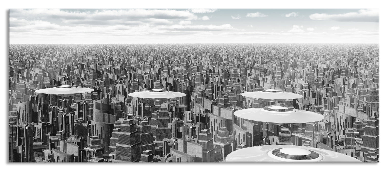 Pixxprint Ufo´s über der Stadt, Glasbild Panorama