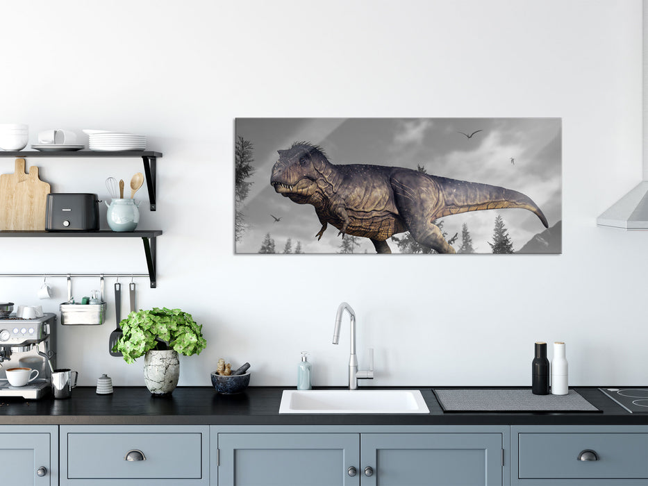 T-Rex Dinosaurier in der Natur, Glasbild Panorama