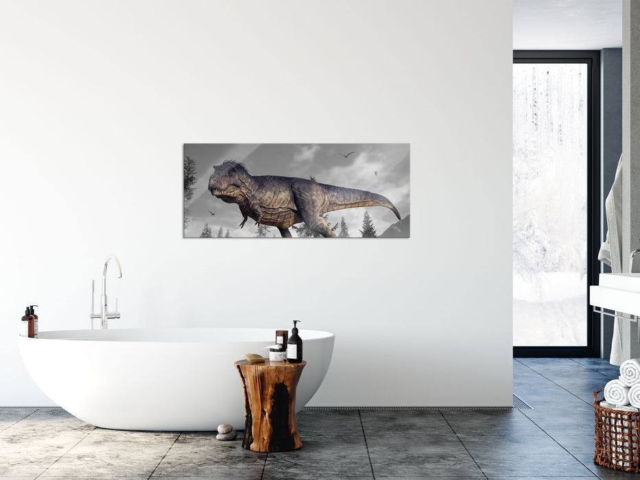 T-Rex Dinosaurier in der Natur, Glasbild Panorama