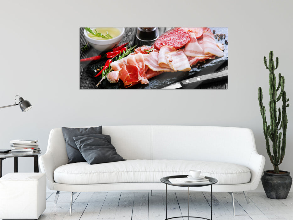 Antipasti Wurstsorten, Glasbild Panorama