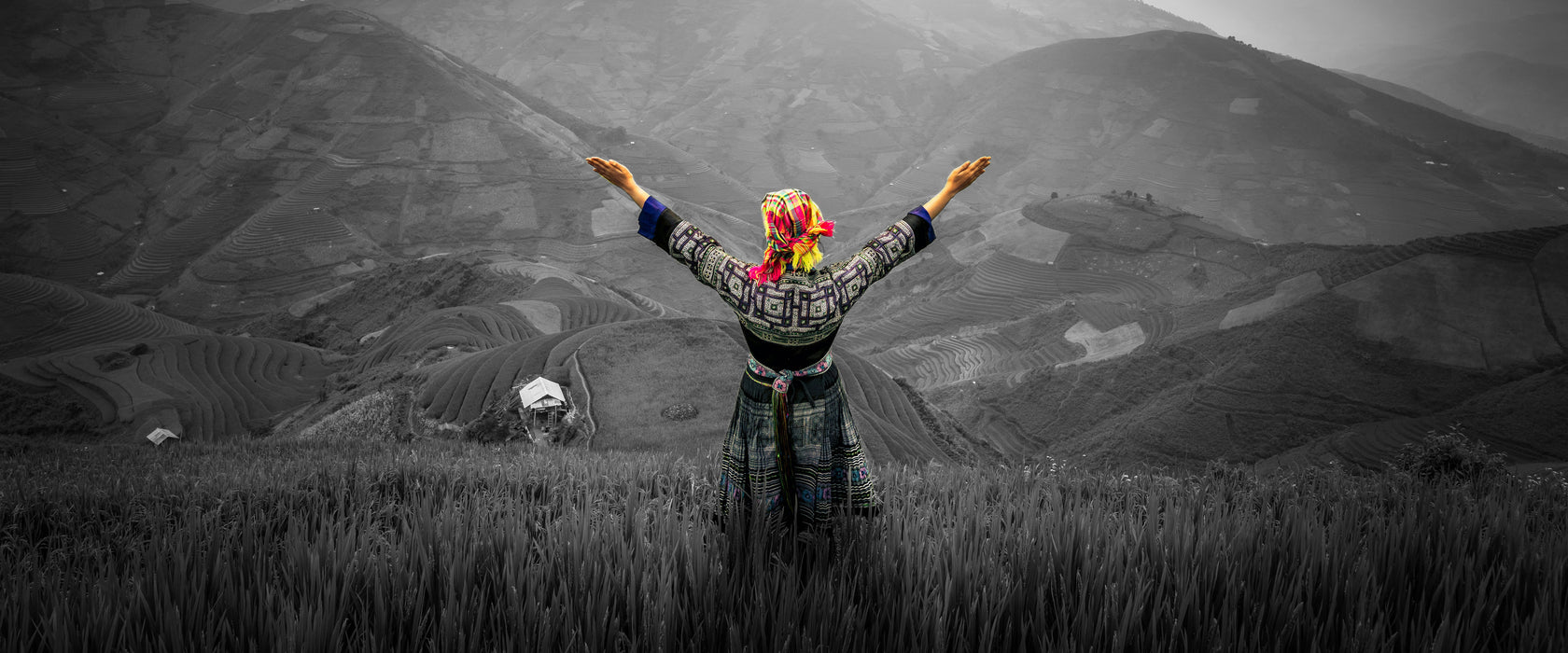 Berg Farm in Asien, Glasbild Panorama